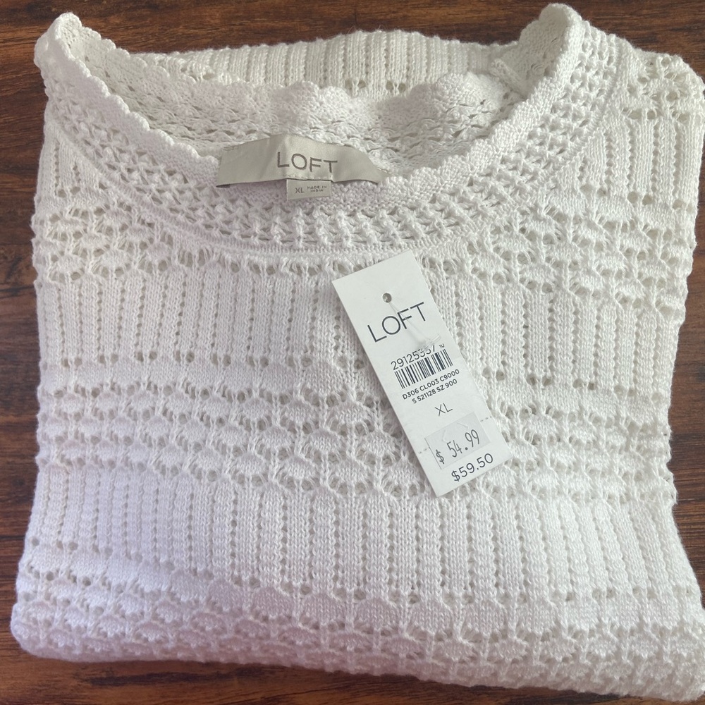 Women’s LOFT White Sweater with Ribbed Hem & Sleeves